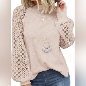 Miholl Women’s Long Sleeve Tops Lace Casual Loose, Small, Oatmeal